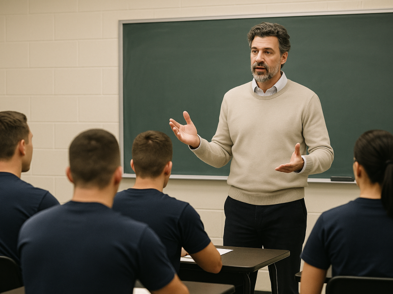 Profesor de una academia de policía dando clase en un aula